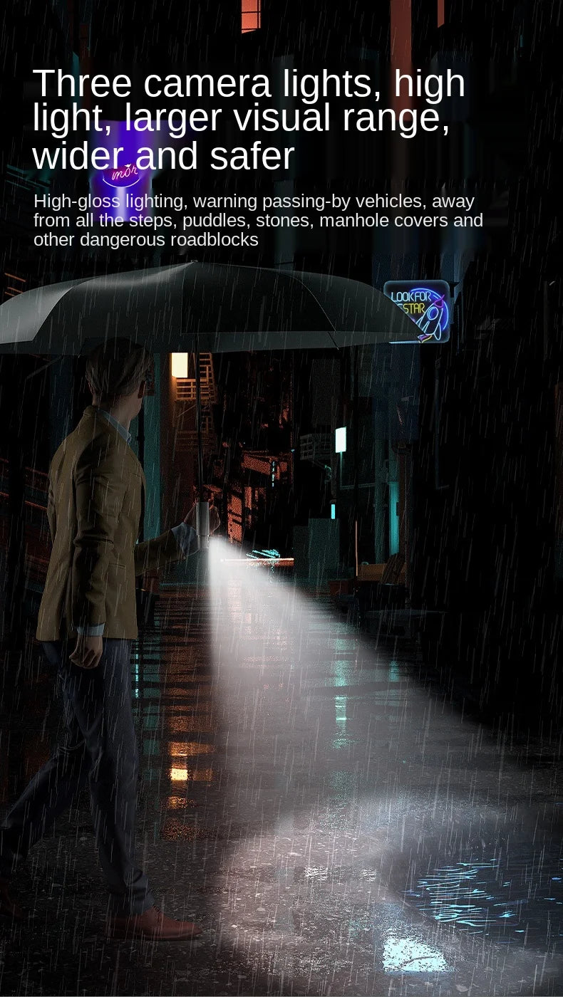 Rechargeable 3-Eye LED Flashlight Windproof Men's Umbrella Automatic Umbrella Double Umbrella