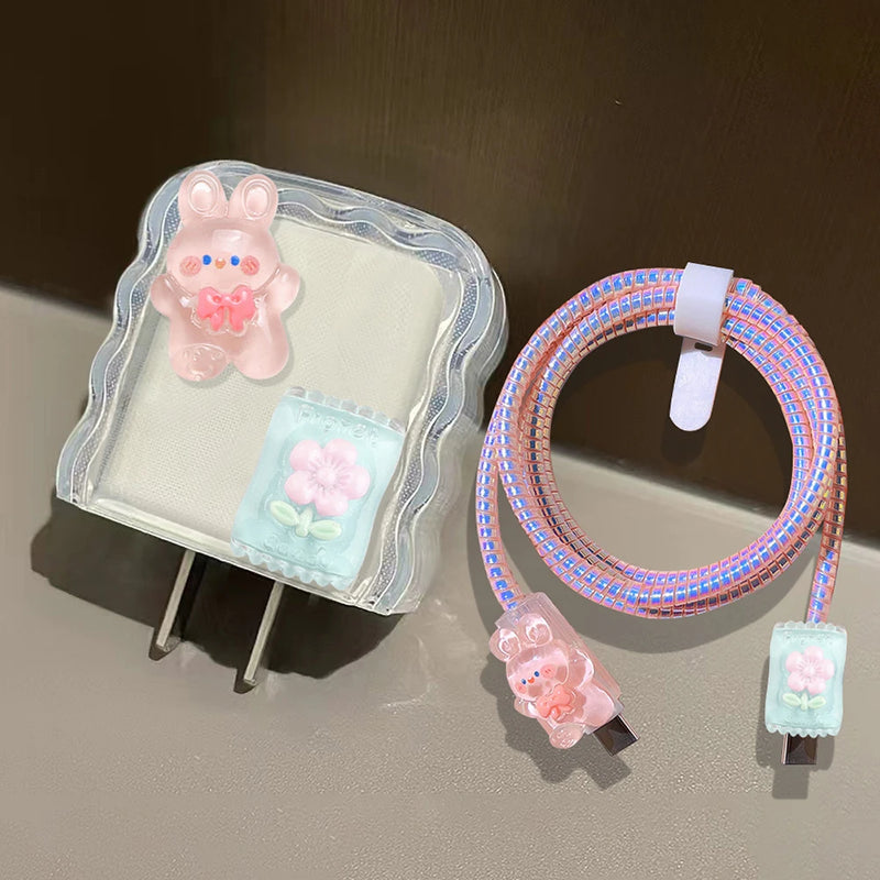 3D Pink Flower 18W 20W Charger Protection Cover Cute Bear USB Cable Winder Protector Shell Case For iPhone Huawei Xiaomi Samsung