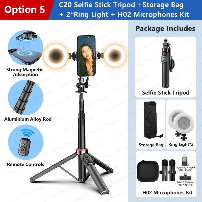 1300mm Magnetic Selfie Stick Tripod for iPhone Magsafe,Hidden Clamp & 1/4" Thread Compatible Android Smartphone & Action Camera