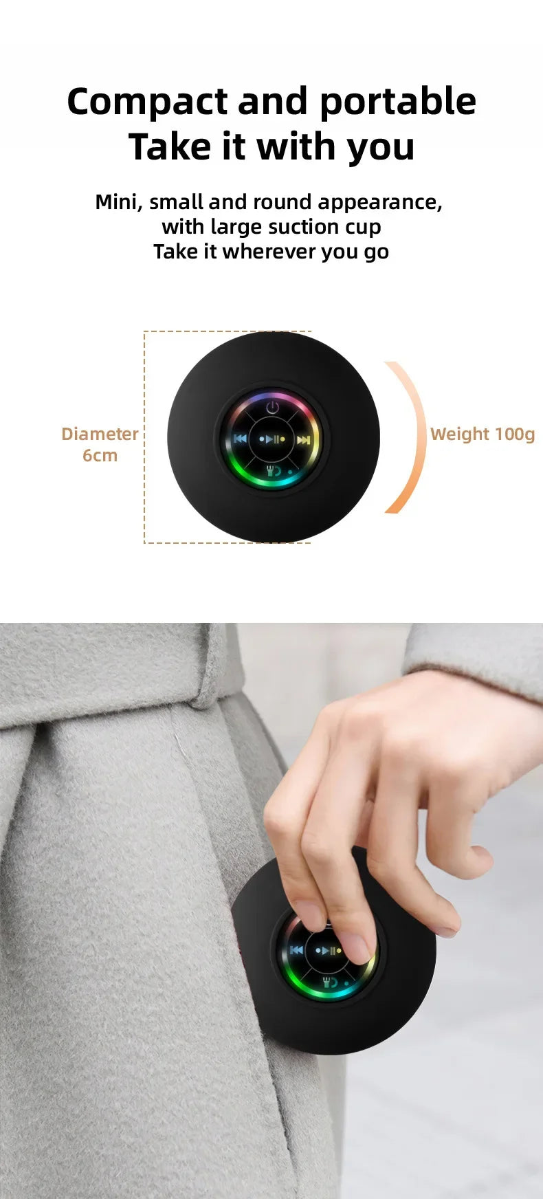 Xiaomi Mijia Bluetooth Mini Portable Speaker Wireless IPX4 Waterproof Speaker with FM Radio and Multicolor LED Light Suction Cup