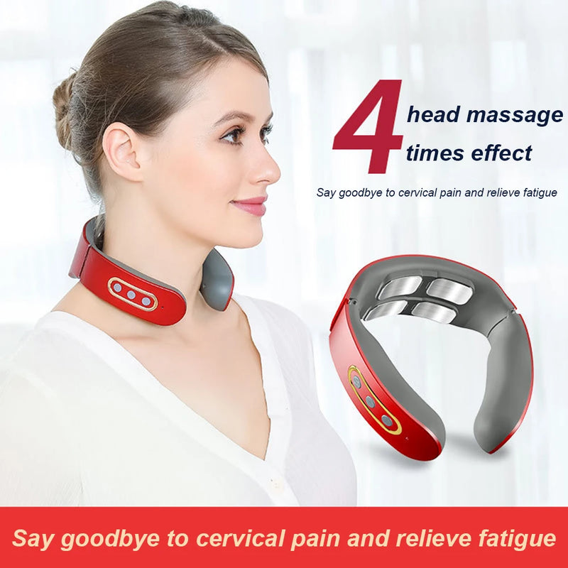 Electric Neck Shoulder Pulse Massager Kneading 4 Head TENS Magnetic Pulse Heating Cervical Vertebra Relax Pain Relief Massage