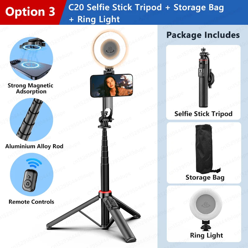 1300mm Magnetic Selfie Stick Tripod for iPhone Magsafe,Hidden Clamp & 1/4" Thread Compatible Android Smartphone & Action Camera