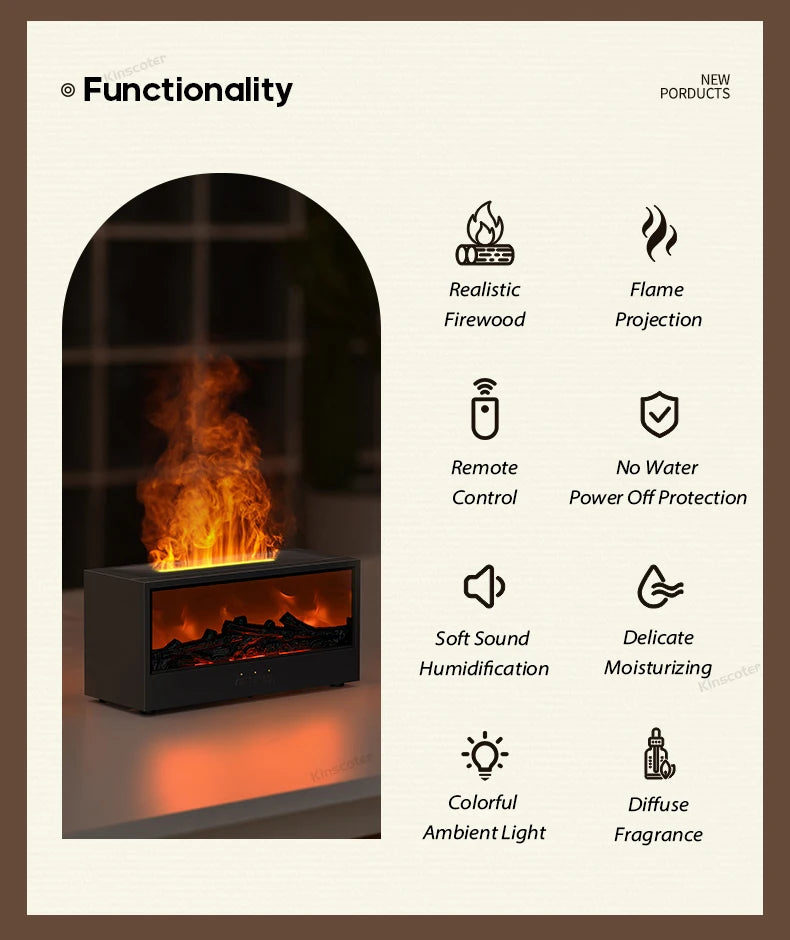 Colorful Flame Fireplace Aroma Diffuser Air Humidifier with Timer Remote and Waterless Auto Off for Home Office Birthday Gifts