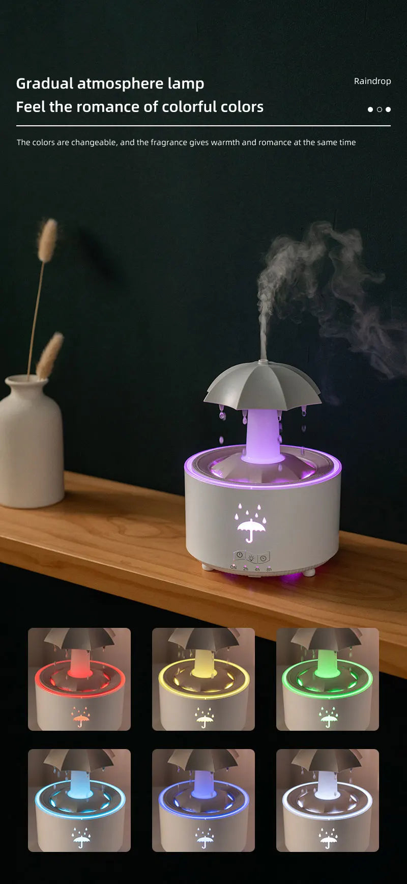 Creative Umbrella Water Drop Air Humidifier with Colorful Light Raindrop Aroma Essential Oil Diffuser Aromatherapy Humidifier