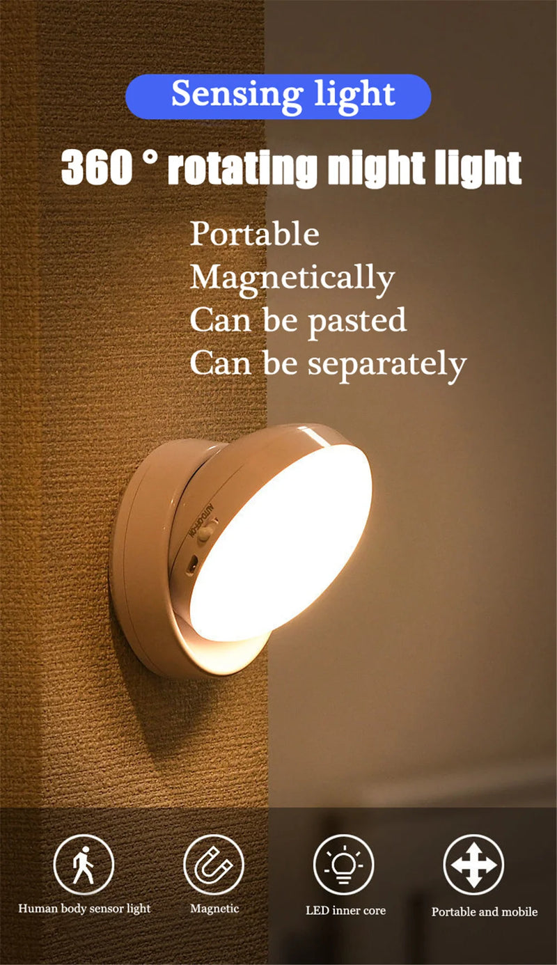 360 Rotated PIR Motion Sensor Night Light Led Wall Lamps Rechargeable Auto/On/Off Under Cabinet Light Wireless Closet Night Lamp