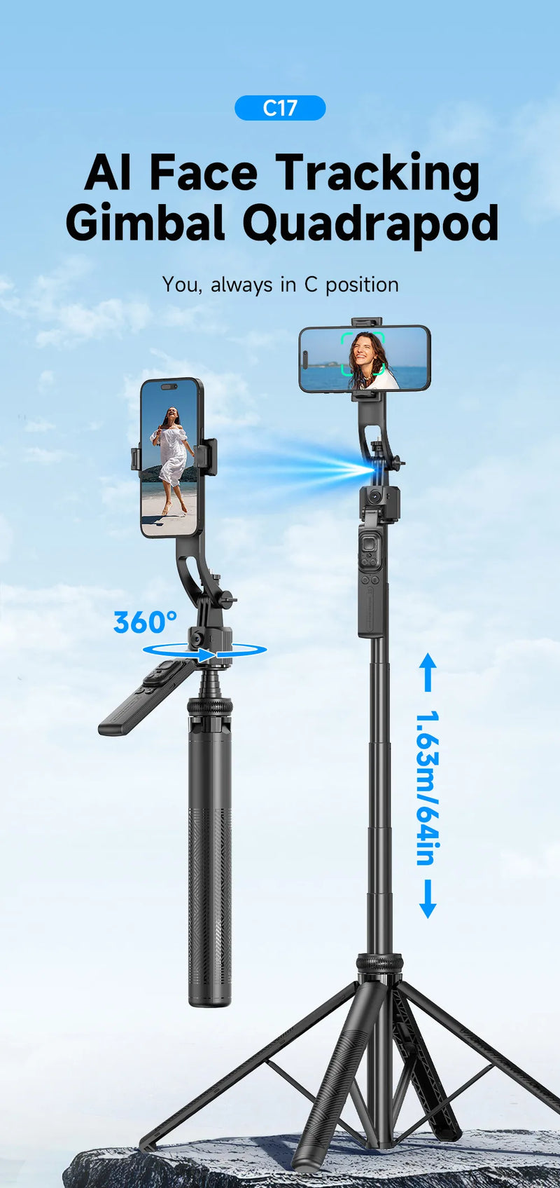 360°Selfie Stick With Bluetooth Remote Intelligent AI Follow-Up Anti Shake Pan Tilt Tripod Fully Automatic Photography Artifact