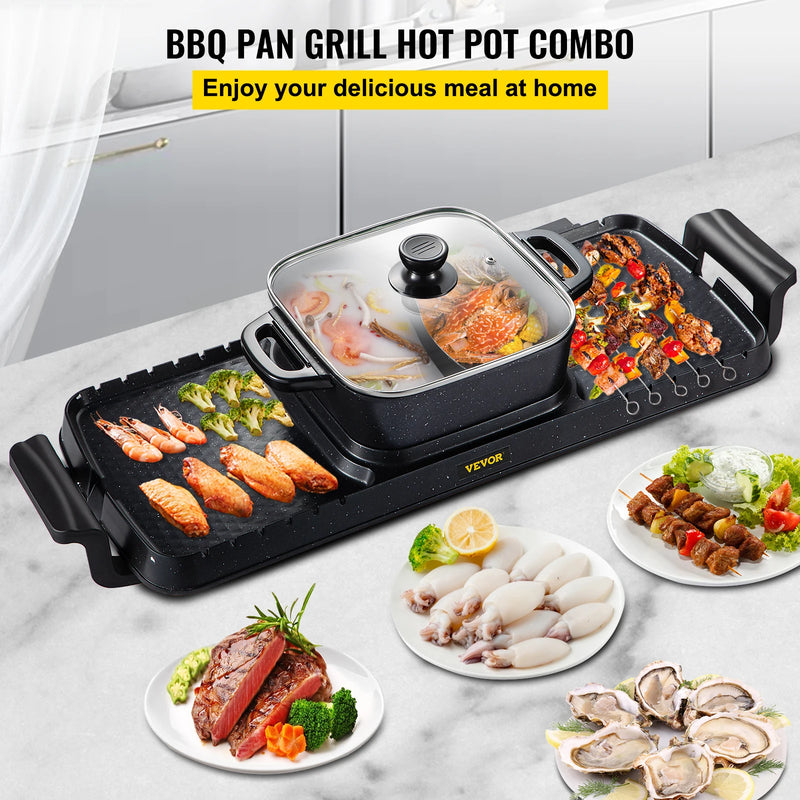 VEVOR 2in1 Electric BBQ Pan Grill Hot Pot 2400W Multifunction Home Portable Smokeless Nonstick Detachable Hot Pot Barbecue Plate