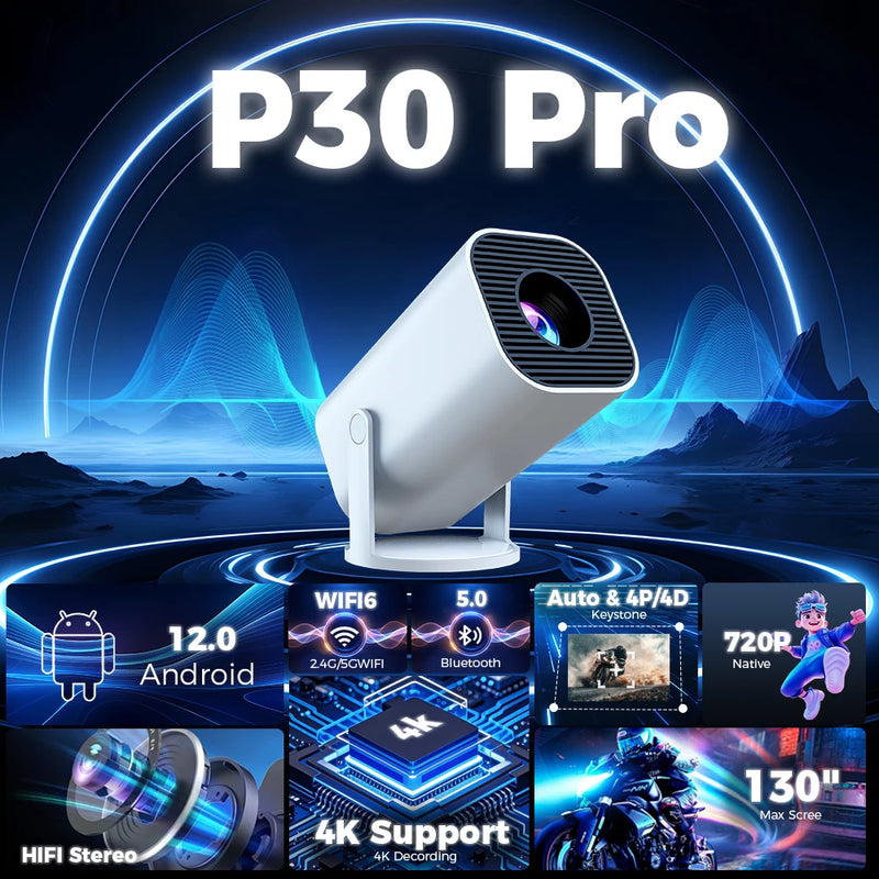 P30 Smart Mini Projector Android 12 WiFi6 BT5.0 Support 4K 1080P Projector 1280*720P Home Cinema Outdoor Portable Projector