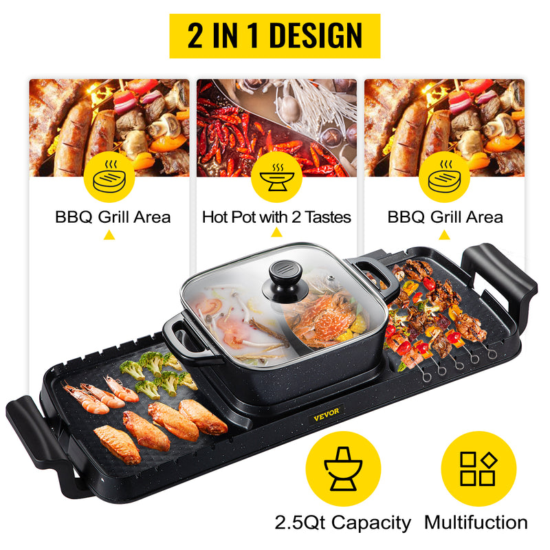 VEVOR 2in1 Electric BBQ Pan Grill Hot Pot 2400W Multifunction Home Portable Smokeless Nonstick Detachable Hot Pot Barbecue Plate